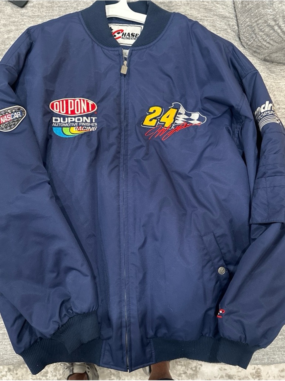 Chase Authentics Navy Racing Bomber Jacket with 24 & DuPont Patches